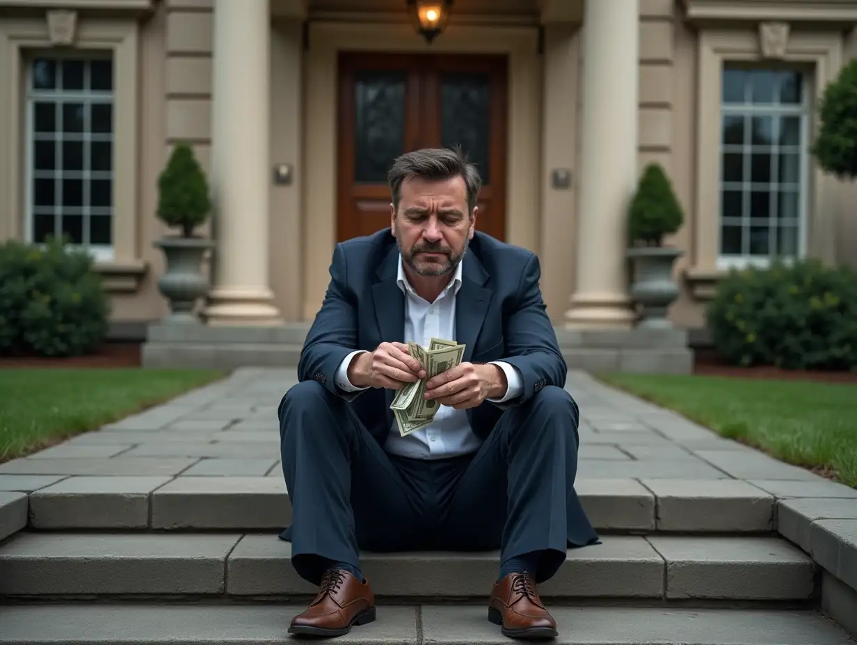 an investor is sitting on his haunches with a sad face, holding crumpled money in his hands. he is sitting on the stone steps of an elite house and crying because his business has failed