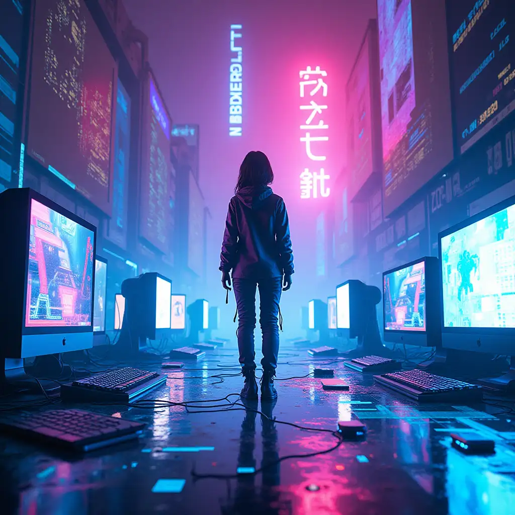 A visually striking and futuristic image that captures the themes of digital rebellion, techno-funk, and cyberpunk aesthetics: nImage: A neon-lit cyberpunk landscape with glitch-art elements. nComposition: A lone female figure, possibly a rebel or hacker, could be seen in the foreground, surrounded by holographic projections, computer screens, & other digital elements. nColor palette: Neon blues, pinks, and purples could dominate the image, with accents of metallic silver and gold to represent technology and futurism. nObjects: Incorporate digital elements like circuit boards, wires, and microchips to enhance the techno-funk vibe. nOverall, the image should evoke a sense of high-tech rebellion, futuristic anxiety, and digital liberation, drawing viewers into the futuristic world.