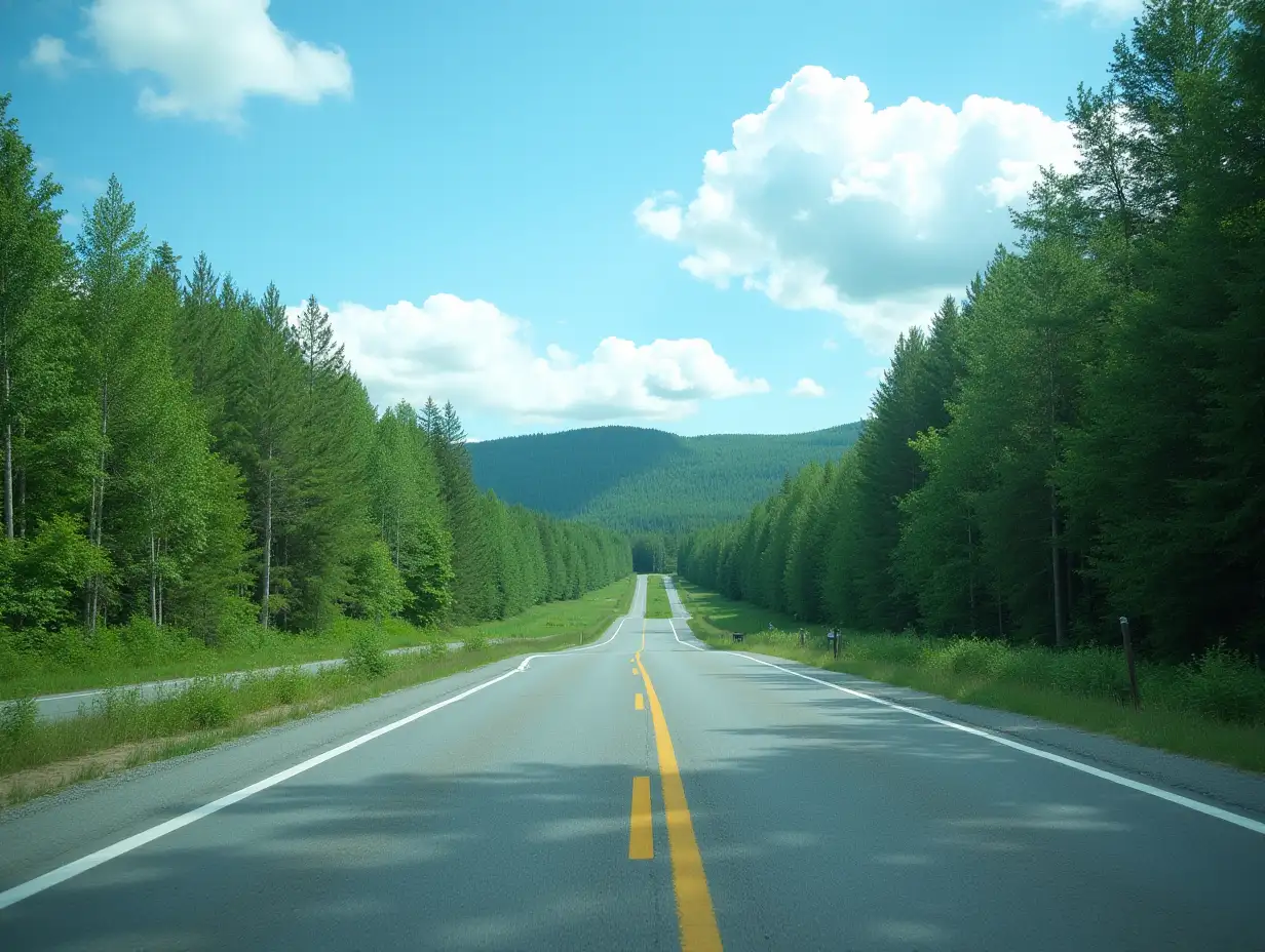 Asphalt road and green forest landscape under the blue sky