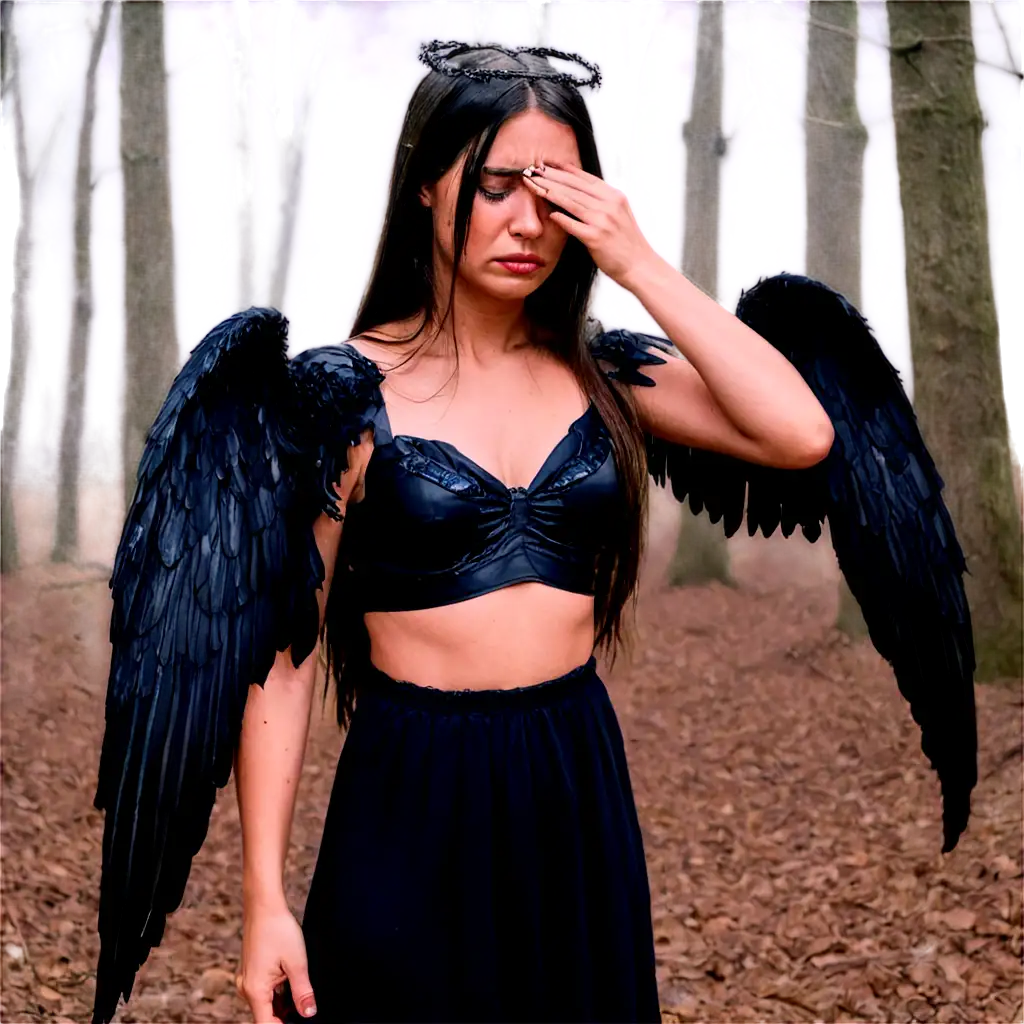 Create-Stunning-PNG-Image-Crying-Woman-with-Black-Angel-Wings-in-Dark-Forest