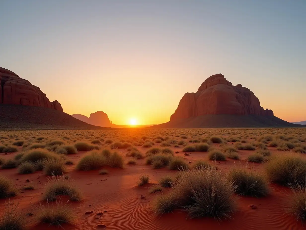 Sunrise in calm morning in Spitzkoppe, panoramic, desert landscape of famous red, granite rocks, Namibia, Africa