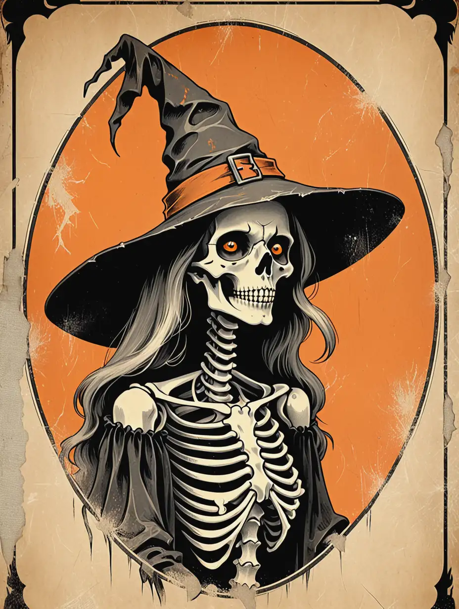 Antique Poster Style Skeleton Witch with Round Tattered Corners