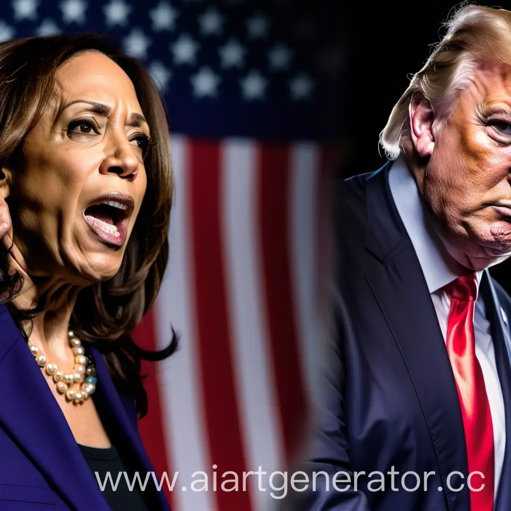 evening, people everywhere, in the foreground on the left - Kamala Harris, on the right - Donald Trump. A fierce battle is going on between Trump and Harris as to who will become president of the USA. Kamala and Trump should be drawn nearby so that their faces are visible