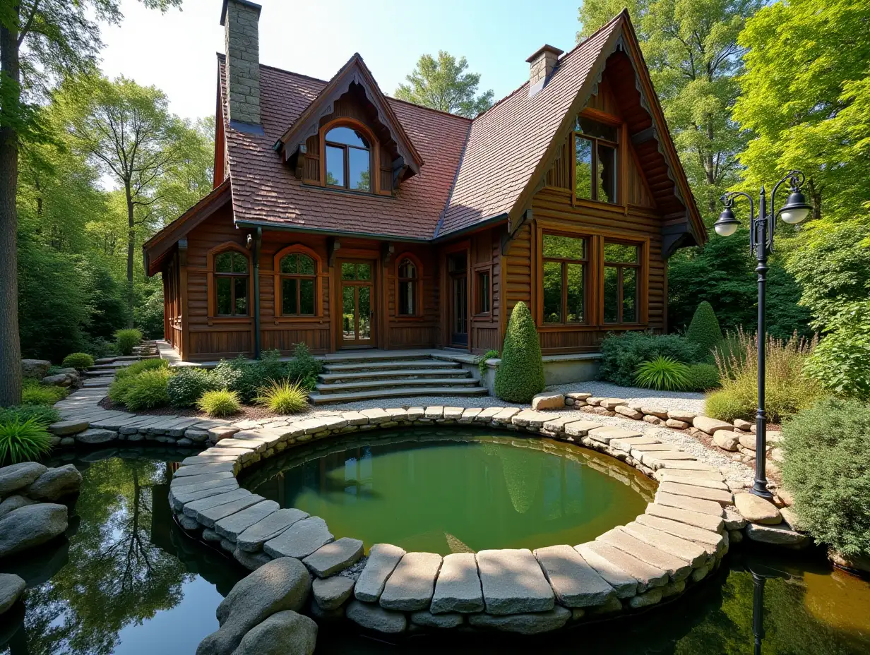 crooked house pond in the garden  Wood-Holz planting Stuck in the form of,large windows with glass to, curved, smooth window shapes, winding large entrance steps from marble, Roof,Lanterns,Bank Apple tree 4K resolution Colorful superWide-angle shots