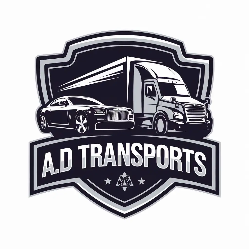 a vector logo design,with the text "A.D TRANSPORTS", main symbol:LUXURY CAR AND TRANSPORT TRUCK,Moderate,clear background