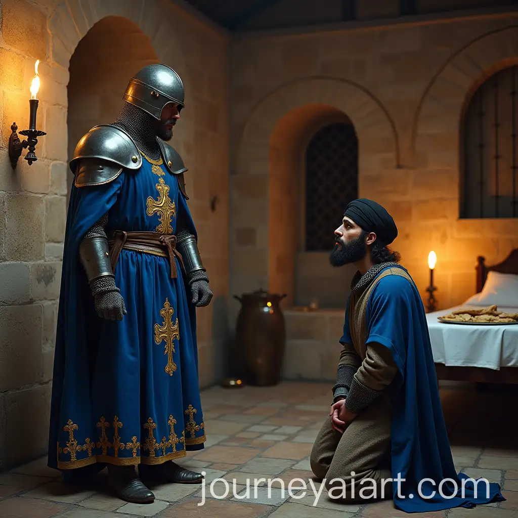 Confrontation-Between-a-Crusader-Knight-and-a-Muslim-Man-in-a-Medieval-Prison