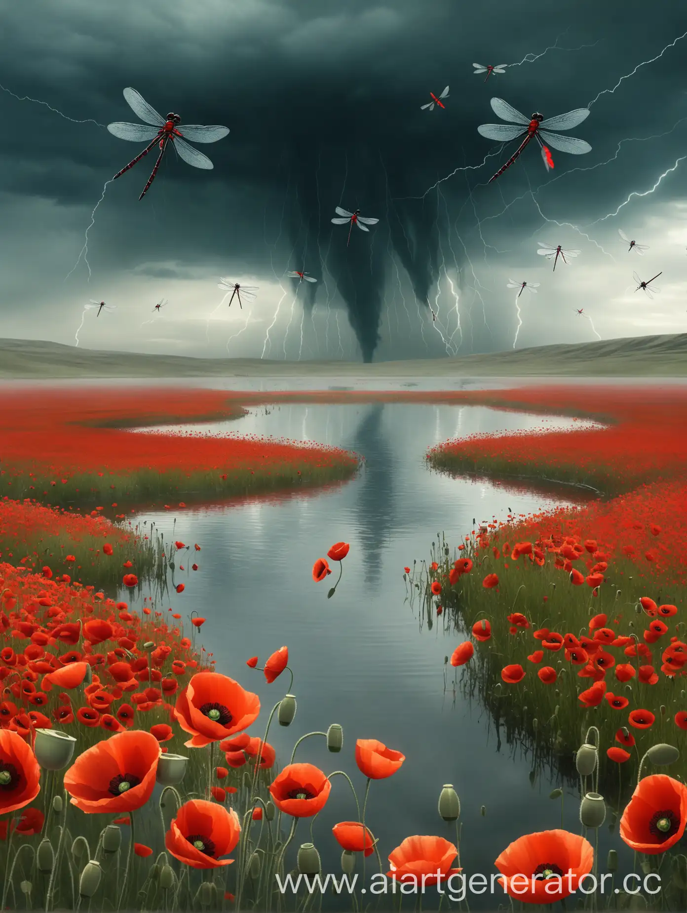 Tranquil-Lake-Scene-with-Poppies-and-Dragonflies-under-Distant-Tornadoes