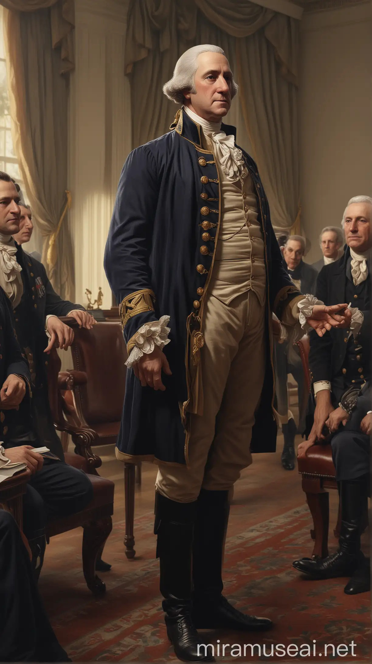Depict Washington in his presidential role, leading meetings or addressing the public. hyper realistic