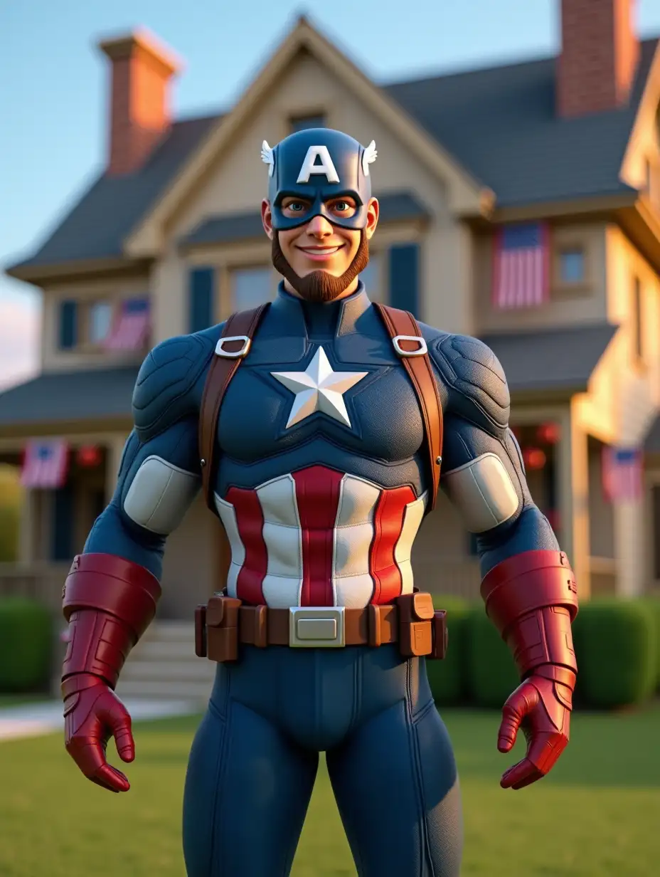 A highly detailed, ultra-realistic 3D render of Captain America standing in front of a classic American suburban house, decorated with patriotic red, white, and blue banners. He wears his iconic blue suit with a large white star on the chest, red and white stripes on the torso, and brown utility straps. His mask, marked with the letter 'A,' covers most of his head, leaving only his beard and friendly smile visible. He stands with open hands in a welcoming pose, with expressive eyes and a confident demeanor. The lighting is soft and warm, casting natural shadows on his face and suit. The textures of the suit, gloves, and utility belt are highly detailed, showcasing individual fabric fibers and armor plating. The background features a well-manicured lawn, bright blue sky, and golden hour lighting, enhancing the realism of the scene in stunning 4K resolution.