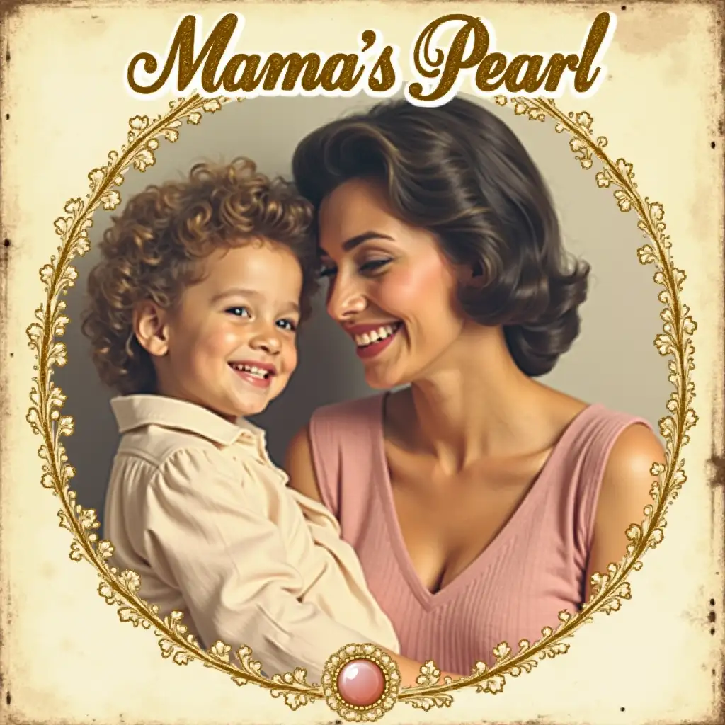 Create an album cover featuring a distressed or worn-out photograph of a loving mother and child from the 1960s or 1970s, surrounded by a warm, golden border. Include the title 'Mama's Pearl by Gilley feat. The Jackson 5' in an elegant, cursive font, possibly with a subtle pearl or gemstone motif integrated into the lettering. Add a subtle texture to the background to resemble a vintage photograph or album cover. Use warm tones such as beige, golden brown, and soft pink to create a cozy and intimate atmosphere.