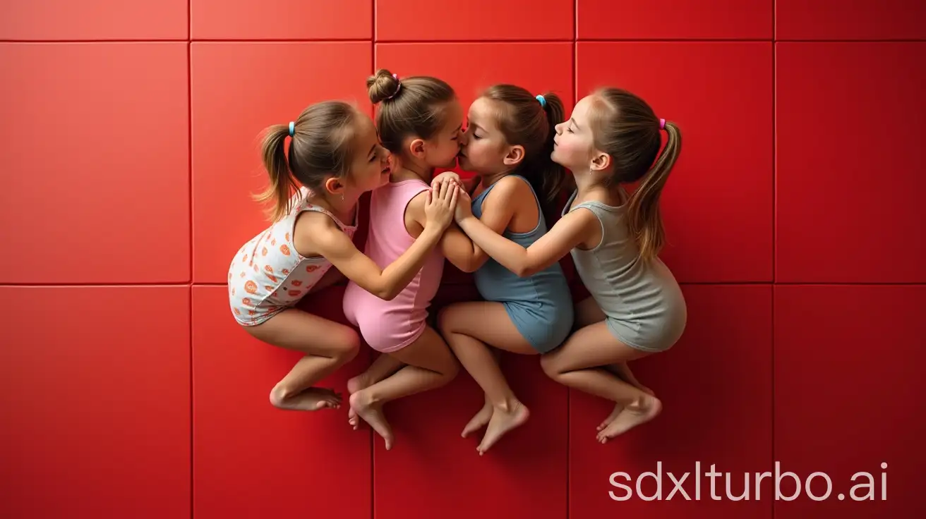 Adorable-Little-Girls-Hugging-and-Kissing-in-Leotards-on-Red-Tile-Floor