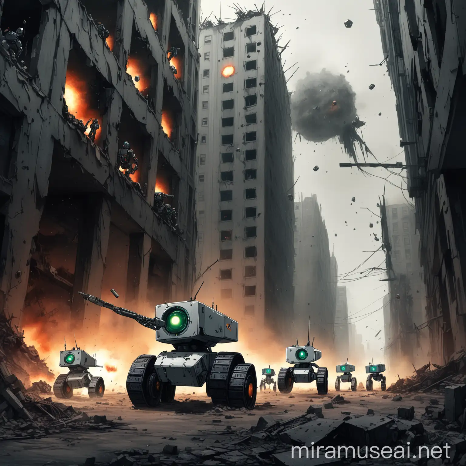 Tiny Futuristic Robots Navigating a Blasted Urban Landscape