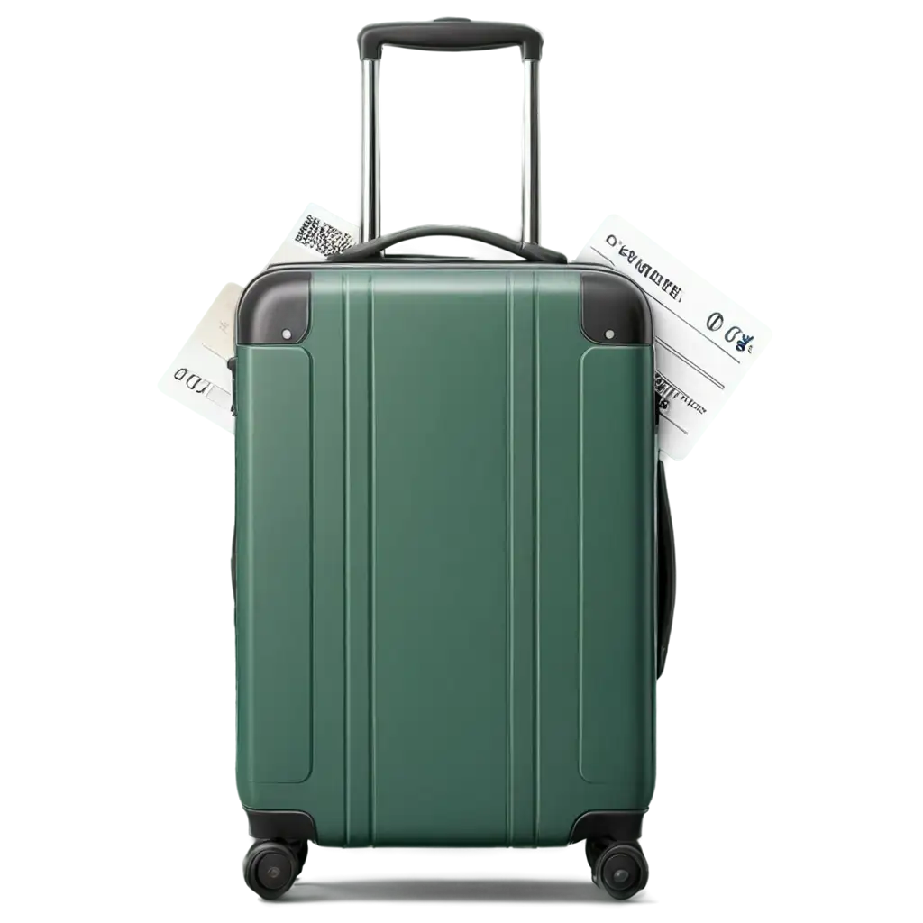 Aesthetic 3D sticker of a vertically positioned deep green (#0C2A1F) suitcase with a boarding pass attached, minimalist travel-themed design, realistic lighting, trendy glossy finish, white background.