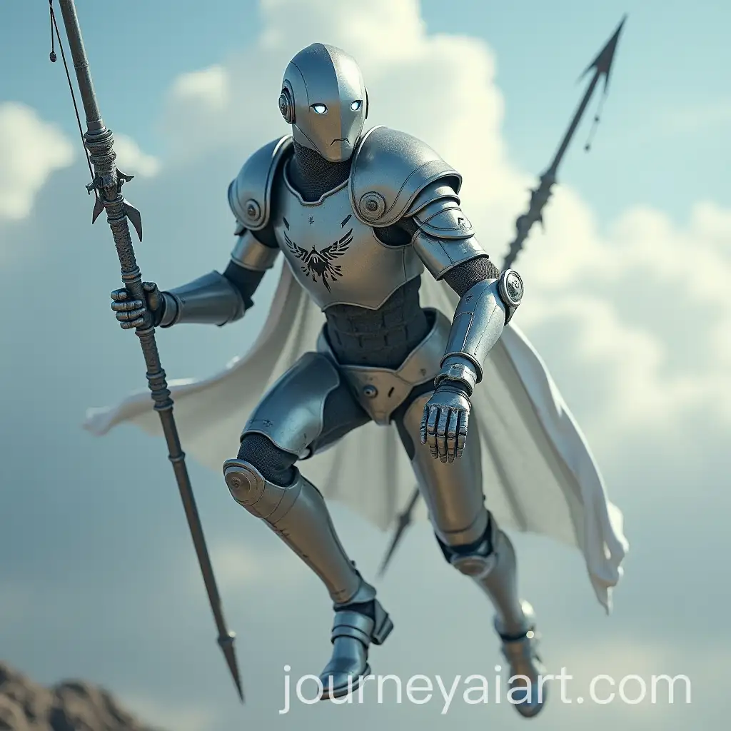 Slim-Robot-with-Medieval-Glaive-Diving-from-the-Sky-in-Silver-Armor