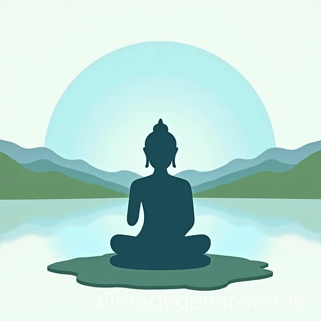 a simple logo of a meditating represented Buddha sitting in front of a lake, blue Zen sky and green landscape