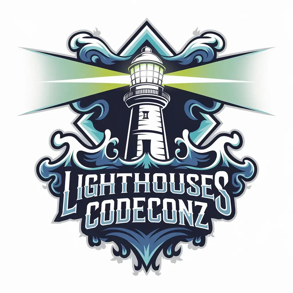 LOGO Design for Lighthouses CodeConz Intricate Lighthouse Symbol with Bright Light Blue and Green Colors