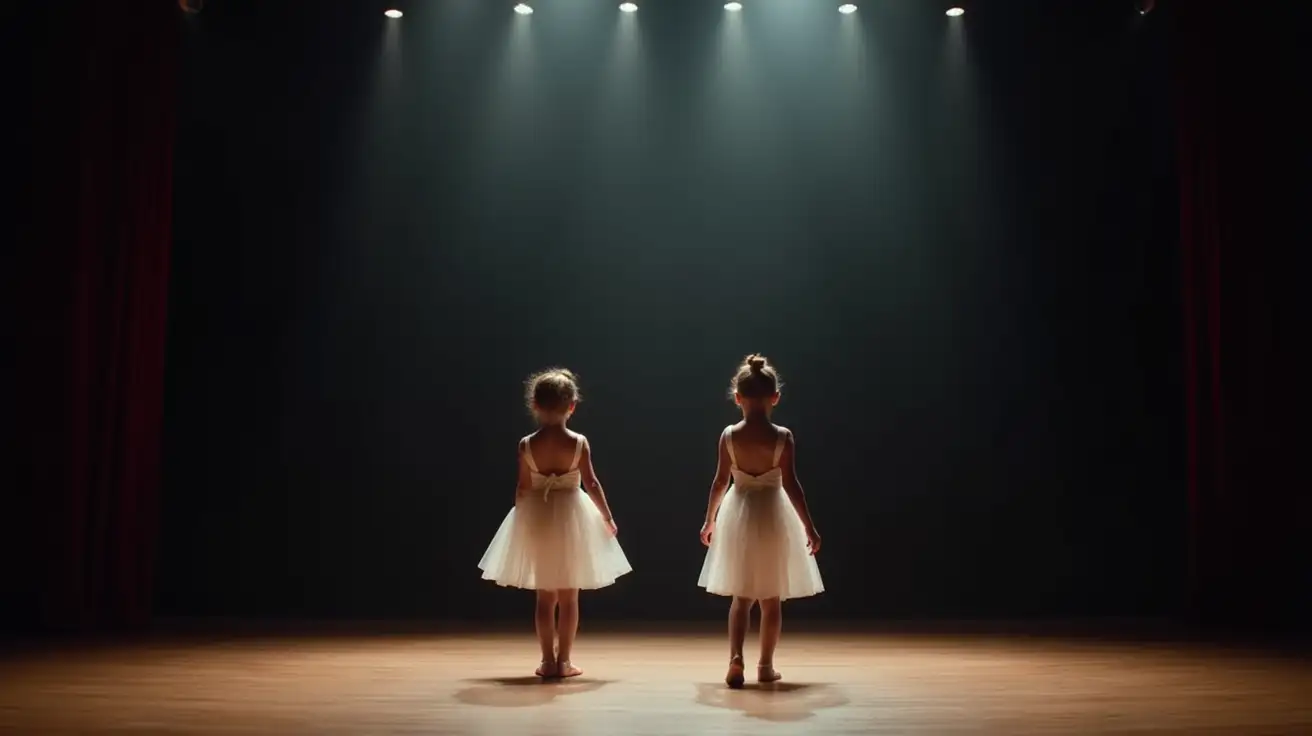 Two-Slender-Little-Girl-Dancers-on-a-Dimly-Lit-Stage-with-Spotlights