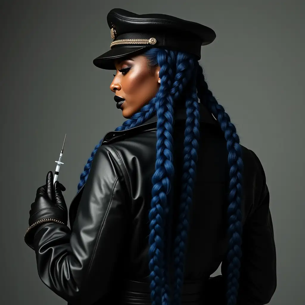 Dark-Ebony-Rapper-Lizzo-in-Leather-Trench-Coat-with-Injection-Needle