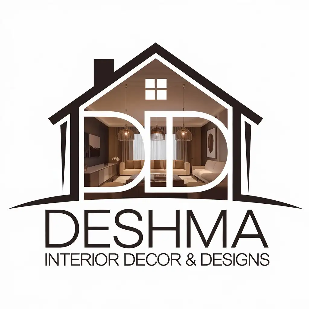 LOGO Design for Deshma Interior Decor Designs Modern Font with House Interior and Lighting Symbolism