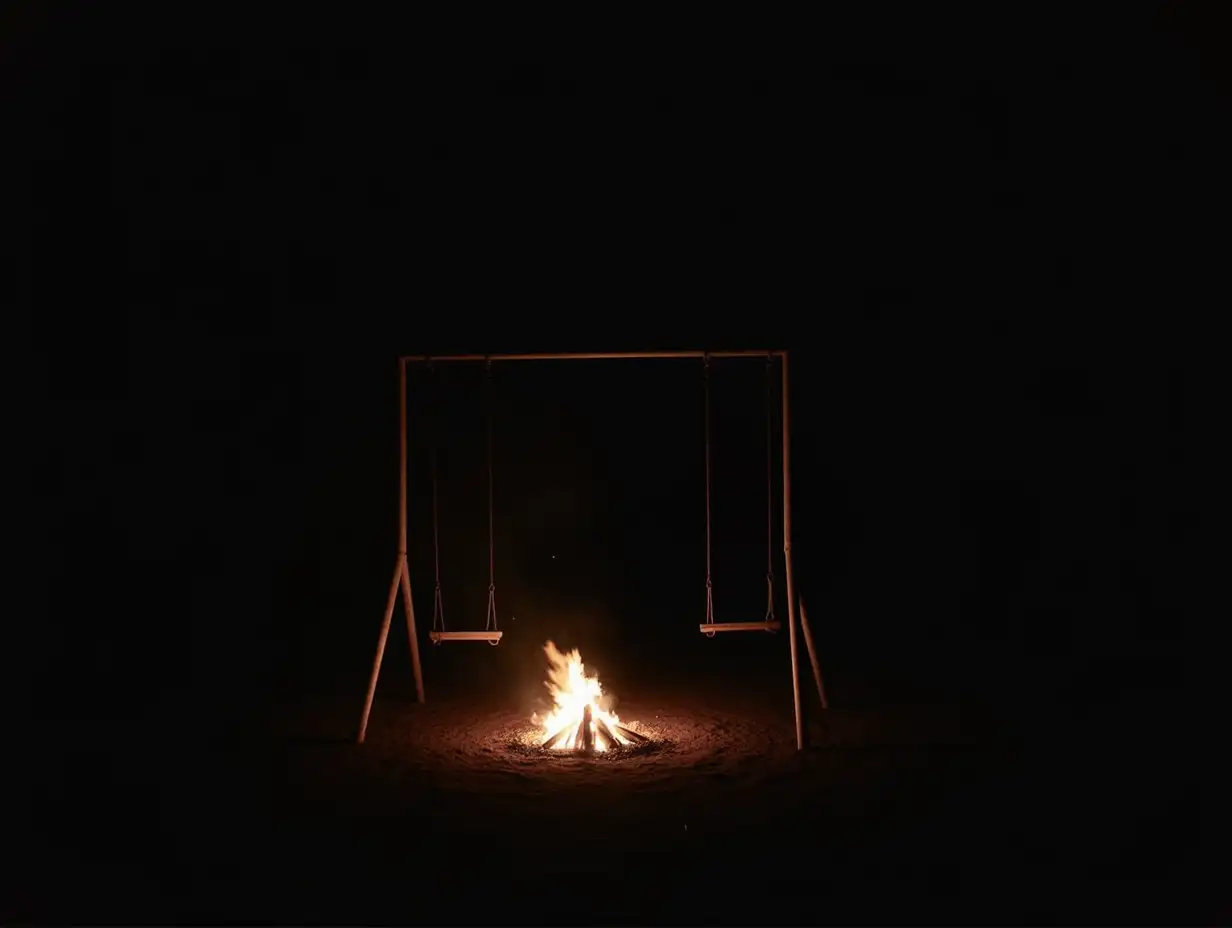 Empty swing above burning ground at night