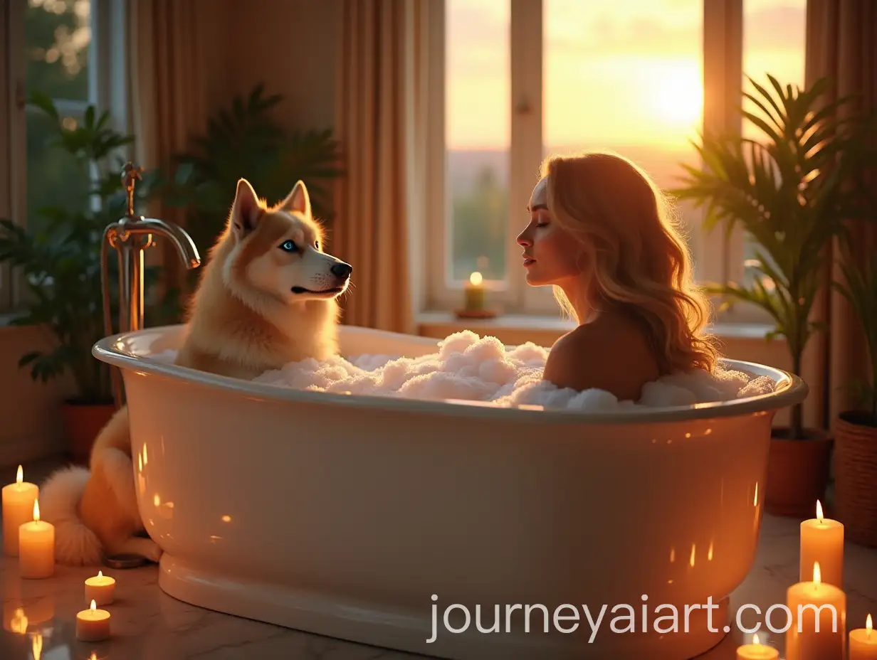 Blonde-Woman-RelaxBlonde-woman-in-bathrooming-in-Luxurious-Bathroom-with-Husky-Dog-and-Candlelight