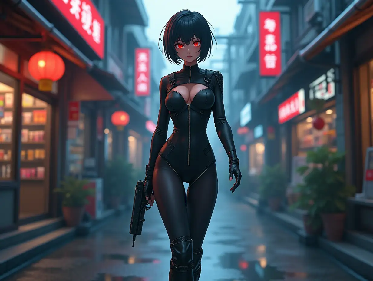 Short hair, mature Asian woman thief cyber runner in a dynamic full-length pose, eyes with red electronic pupils, large breast, extreme skintight body glove zipped down with cleavage, combat boots and combat belt. Full view of her body from boots up, low wide angle. Future store filled city alley street. Anime