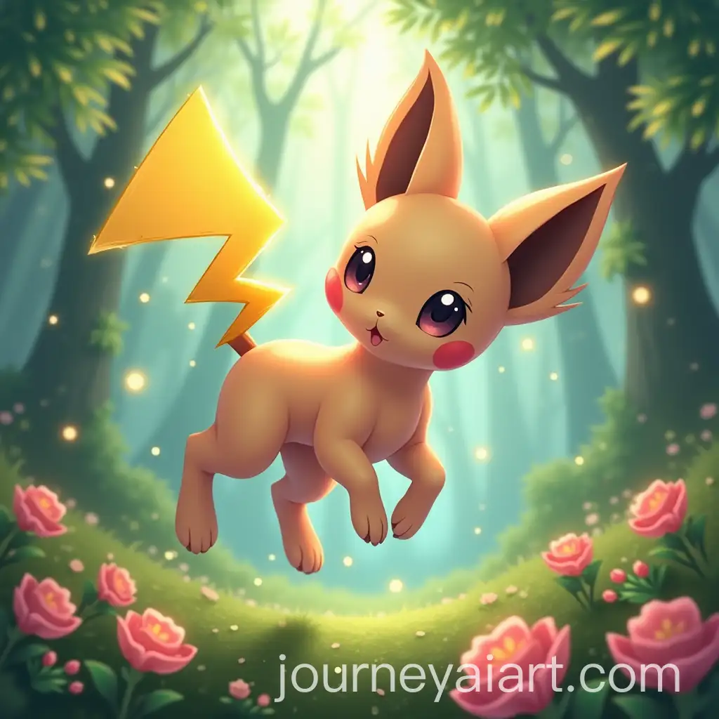 Playful-Hybrid-Pokmon-Fusion-of-Mew-and-Pikachu-in-a-Vibrant-Forest
