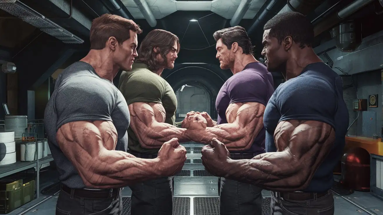 Three-Muscular-Men-Forming-a-Telepathic-Link-in-a-Futuristic-Bunker