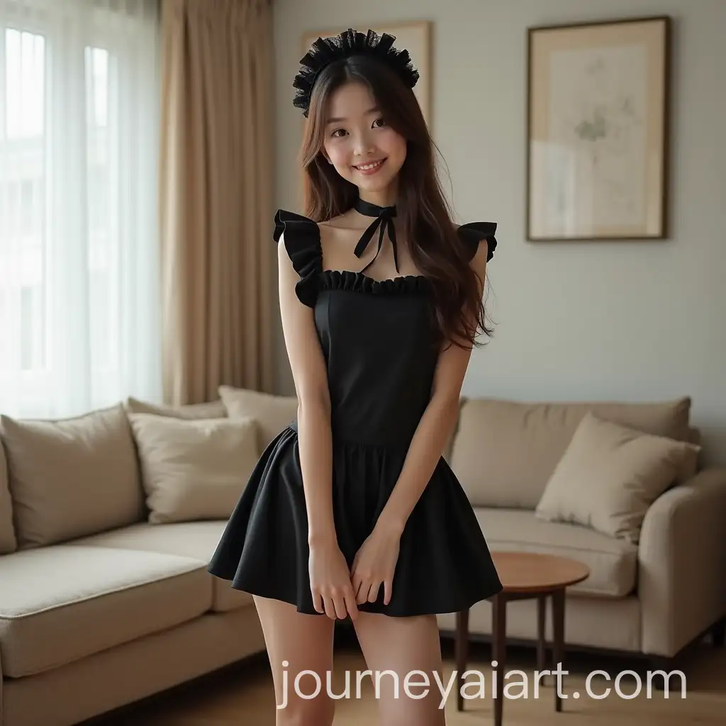 Smiling-Asian-Young-Girl-in-Black-Maid-Costume-in-Living-Room