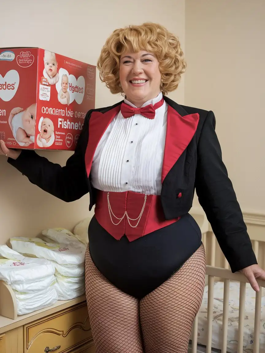 sweet very beautiful smiling middle aged huge fat obese with large wide hips Caucasian woman, with short blonde curly hair, standing facing forward wearing a very formal concert tuxedo with black long sleeve cropped Eton jacket, white wing tip tuxedo shirt with pleated front, scarlet red adjustable neckband bow tie, scarlet red cummerbund, black high cut leotard bottom, fishnets, holding large scarlet red and white box of Huggies while standing next to a changing table with a stack of plastic disposable diapers in a nursery, full body front view.