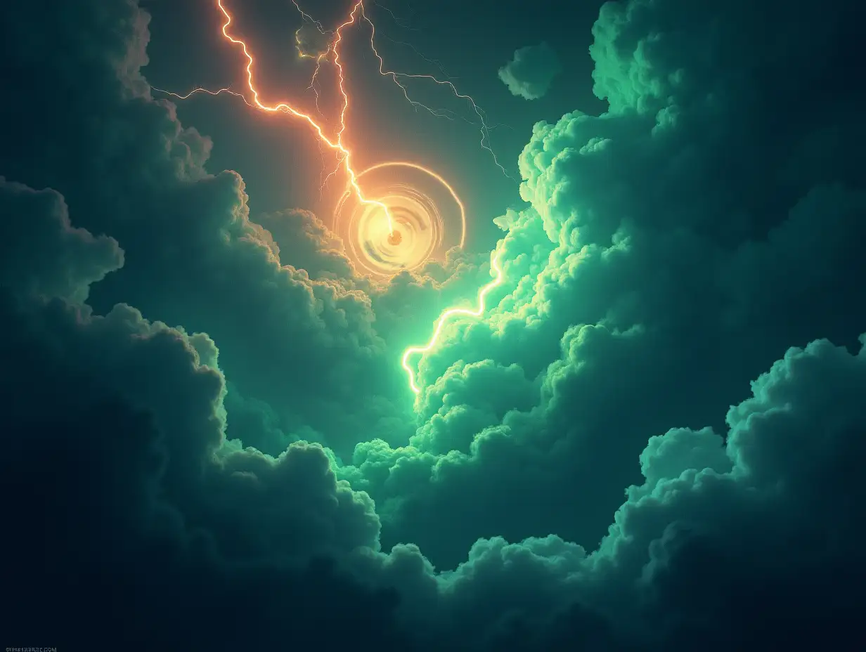 Surreal Storm Clouds with Vibrant Iris Flares and Green Smoke