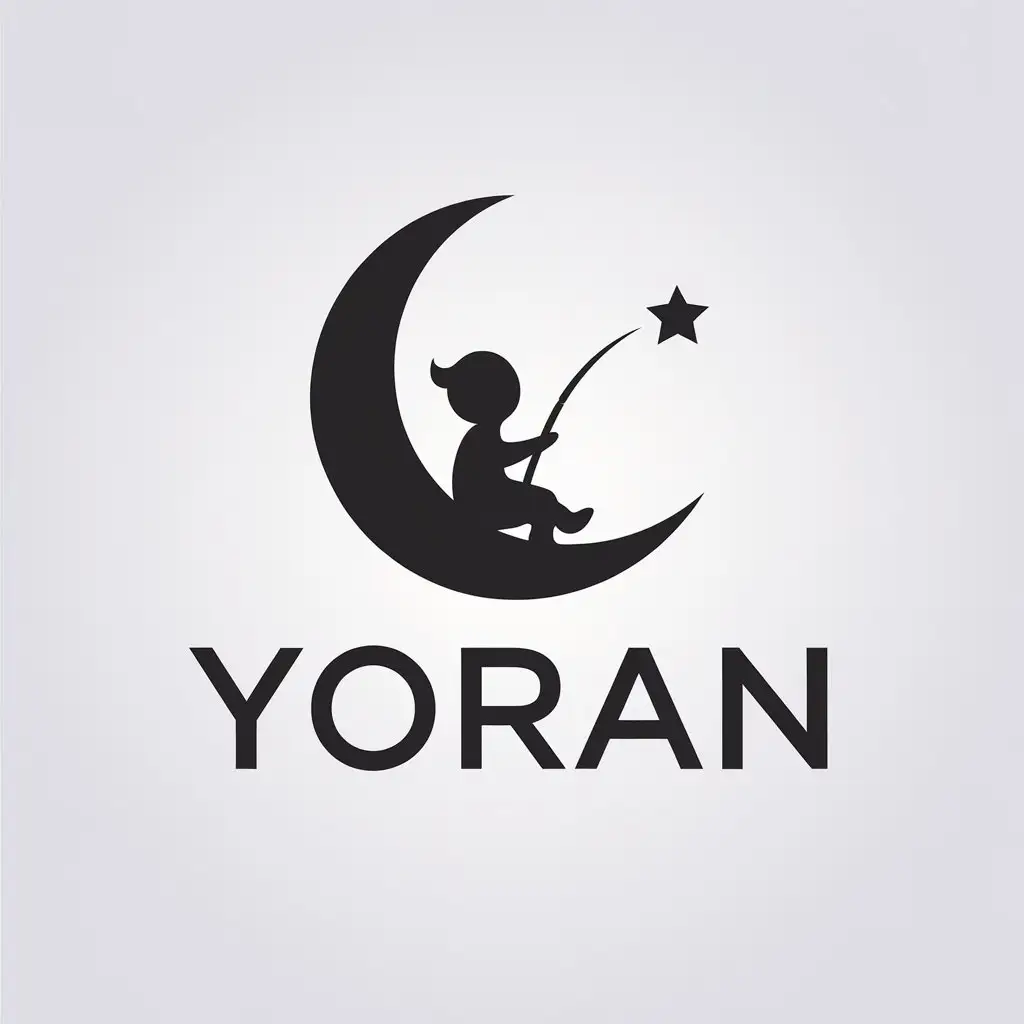 a vector logo design,with the text "yoran", main symbol:A small child sitting on the moon fishing for a star, simple a bit,Minimalistic,be used in scenic spot industry,clear background