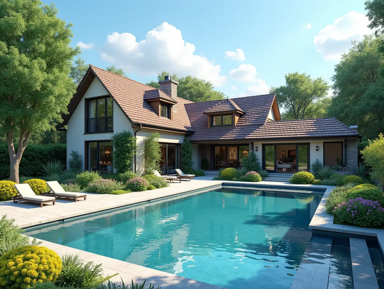 Create for me a house with a large garden and pool with a large house, colorful bushes