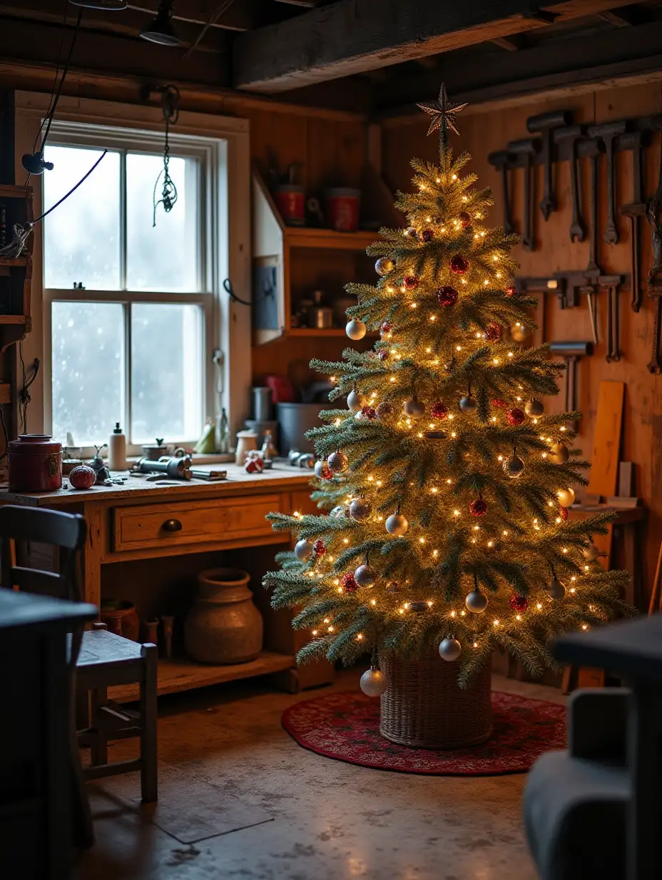 In the corner of a cozy carpentry workshop, winter light filters through frosted windows, casting a soft glow upon the scene. Amidst a collection of well-loved tools, a beautifully decorated Christmas tree stands adorned with twinkling lights. The image, likely a photograph, captures the essence of a festive and serene moment. The workshop is filled with a warm, inviting atmosphere, where the crisp air mixes with the scent of pine. Every detail is expertly rendered, from the intricate ornaments on the tree to the tools hanging neatly on the walls. The overall effect is that of a nostalgic and peaceful winter tableau, evoking a sense of holiday magic.