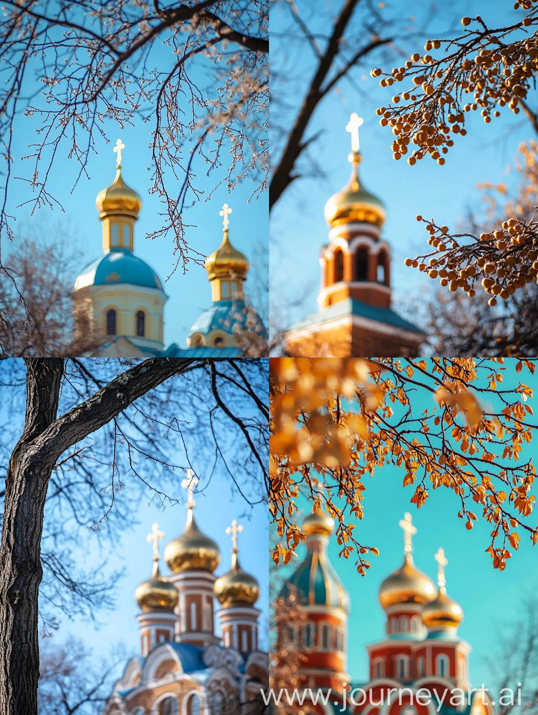 Russian-Orthodox-Church-Against-Blue-Sky-with-Foreground-Tree