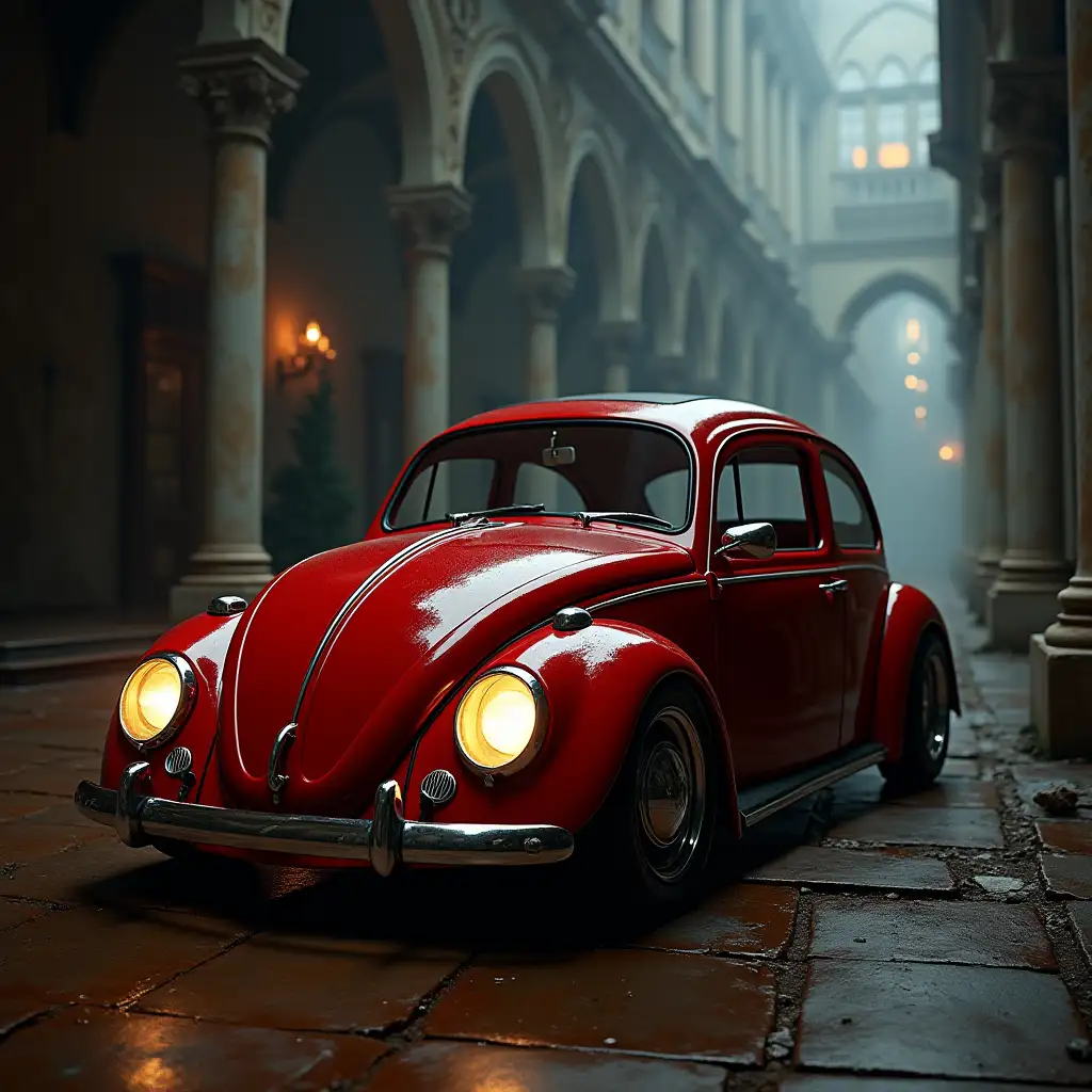 General outline of a latest model red volkswagen beetle in steampunk style,  with glowing headlights, polished to a high shine, parked in an old opulent palace, eerie atmosphere, fog, artgerm, hygge