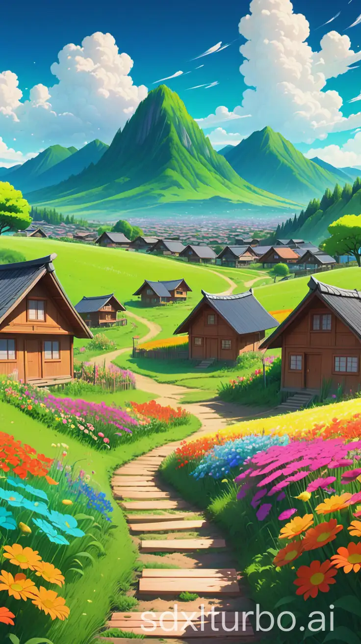 Animestyle-Vibrant-Countryside-Landscape-with-Colorful-Flowers-and-Wooden-Houses