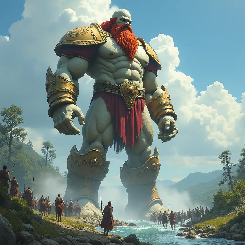 Mega titan from stone, metal 15 meters tall ancient, meter with yellowish white to the humans long red beard with braid on the river, plants, trees spear, horses blue sky, strong clouds with many people