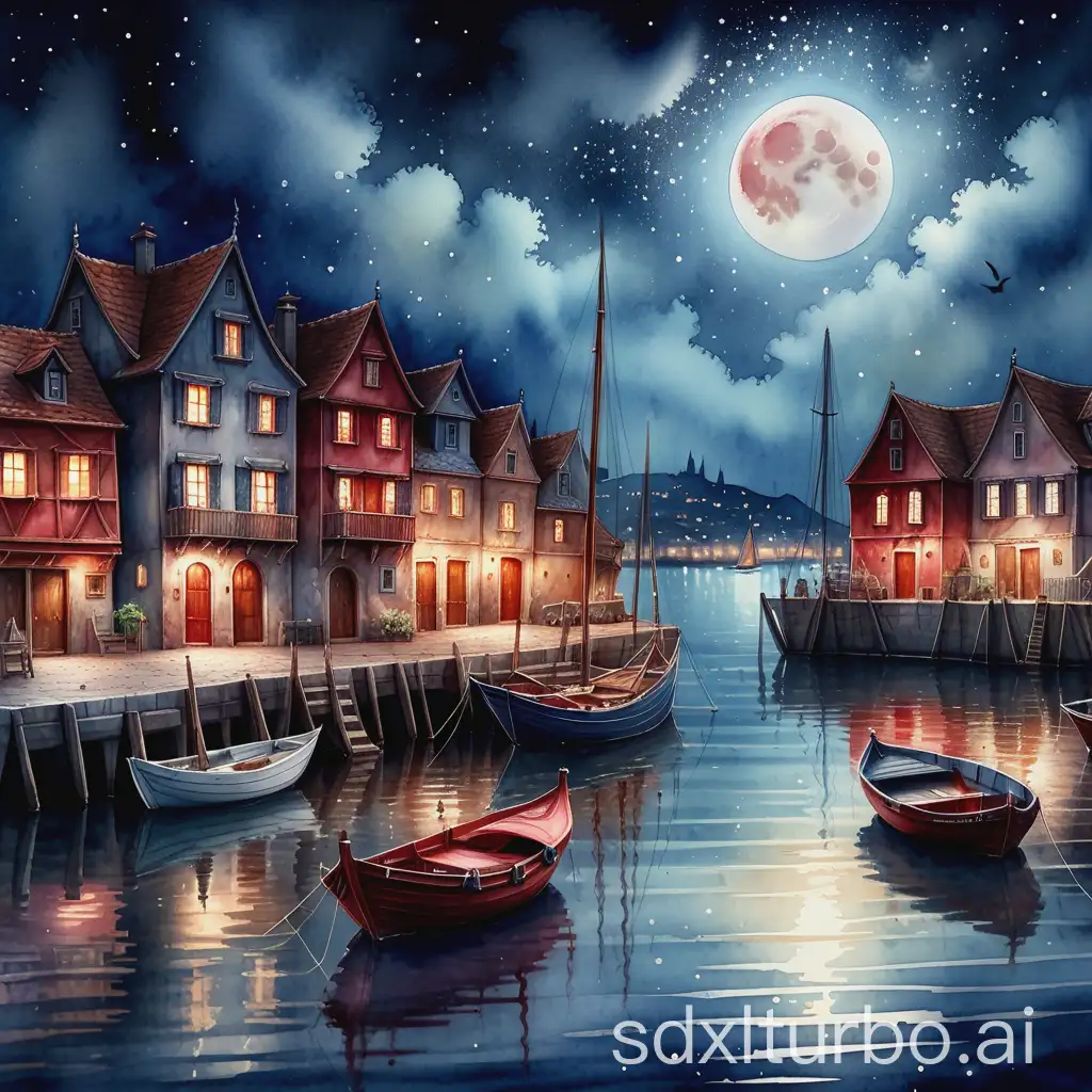 watercolor beautiful picturesque painting, charming landscape, moonlight, bloodmoon , reflecting shimmering rippled sea, old traditional port with quaint medieval houses, wooden traditional sailboats in the port,16k resolution , extremely intricate, hyperdetailed, extremely meticulously detailed matte painting, masterpiece, perfect composition, glitter glimmering particles in the air, magical, ethereal whimsical atmosphere, amazing lighting