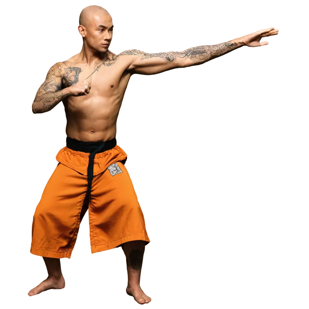 tattooed shaolin monk in a fighting pose