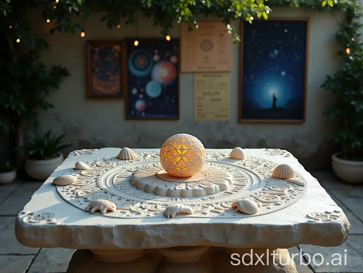 a carved white stone table altar with sun mandalas carvings, polyhedra, seashells on the table, papers and posters with mandalas et formulas, pictures of fractals, trees and starry sky in the background, high precision