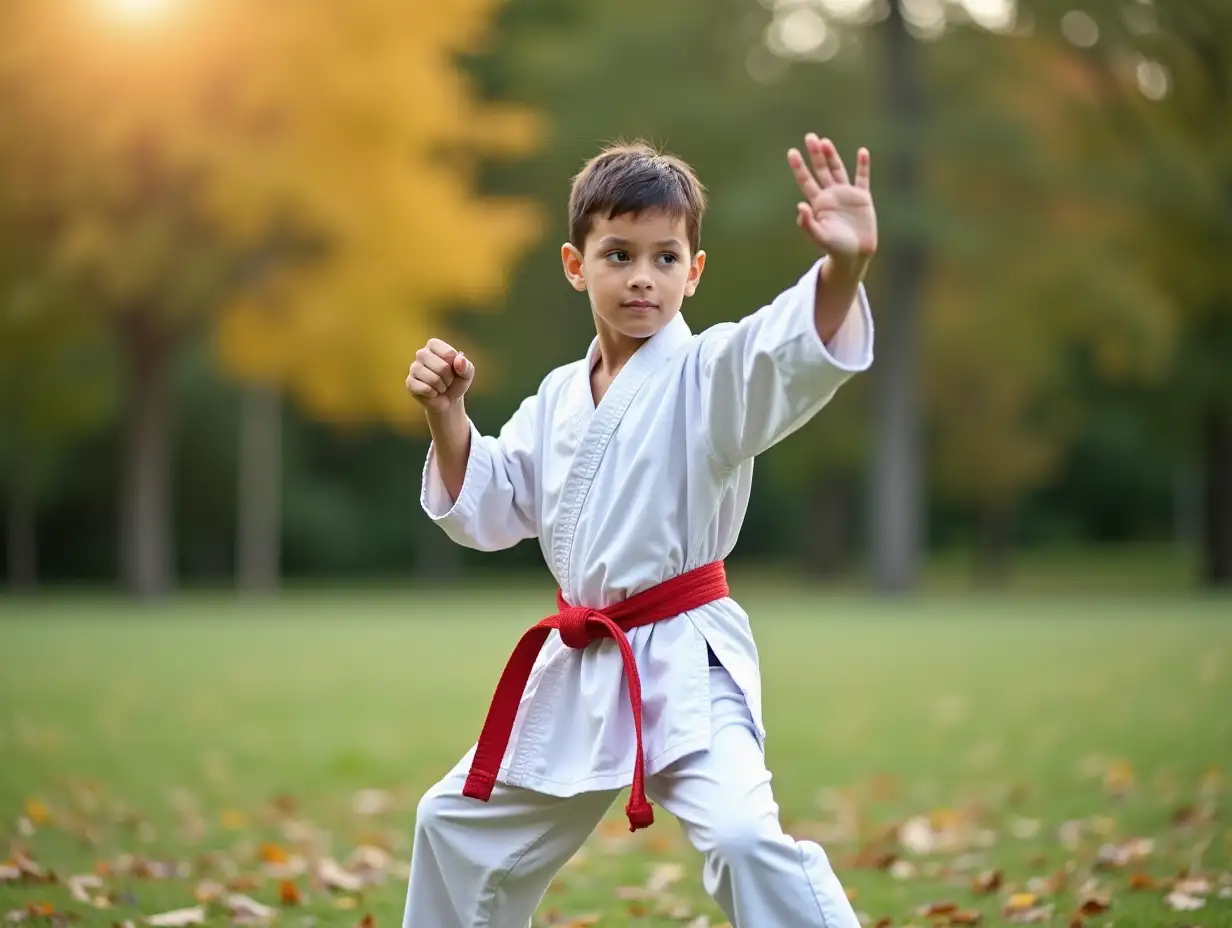 young boy practicing karate outdoors Martial arts for children Karate fighter in park