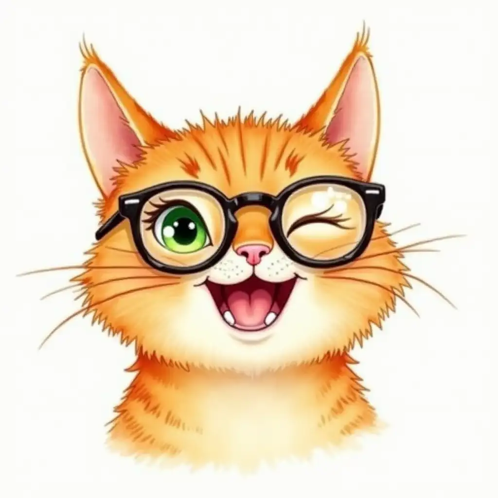 a ginger cat, drawn with watercolor, in glasses, green-eyed, winking with the left eye and smiling widely at full mouth