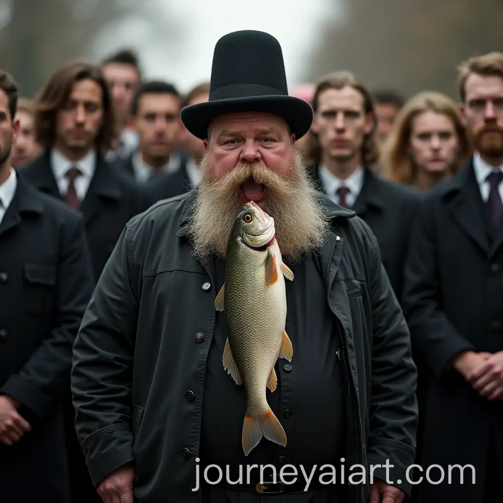Fat-Man-with-Wet-Fish-and-Dunce-Hat-Surrounded-by-FuneralGoers