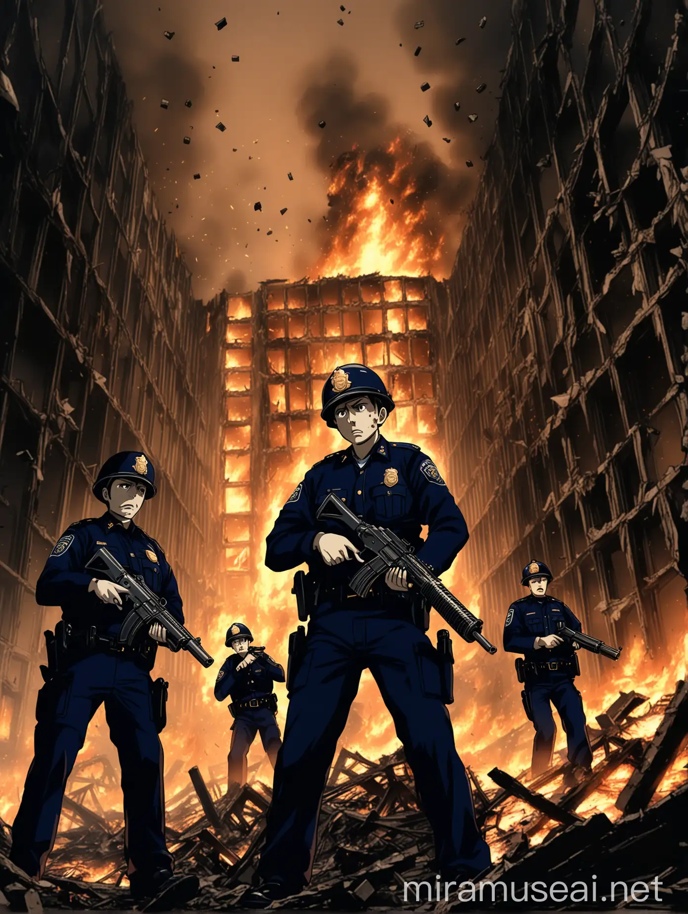 Anime Police Officers Navigating a Burning Building