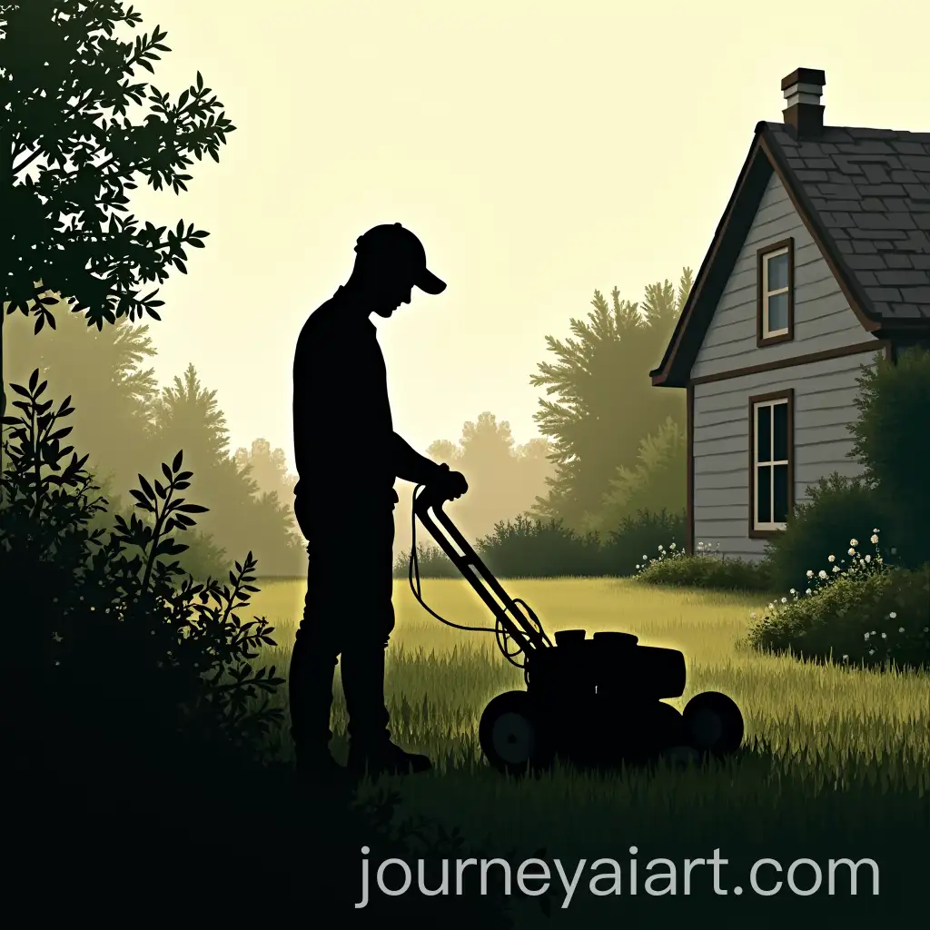 Silhouette-of-Man-with-Lawn-Mower-in-Garden-with-Trees-and-House