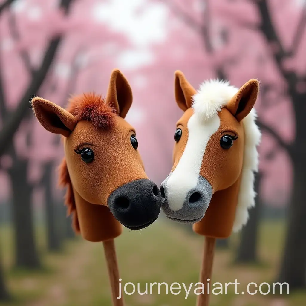 Orlov-and-Arab-Horse-Toy-Plushies-in-Forest-with-Sakura-Blossoms