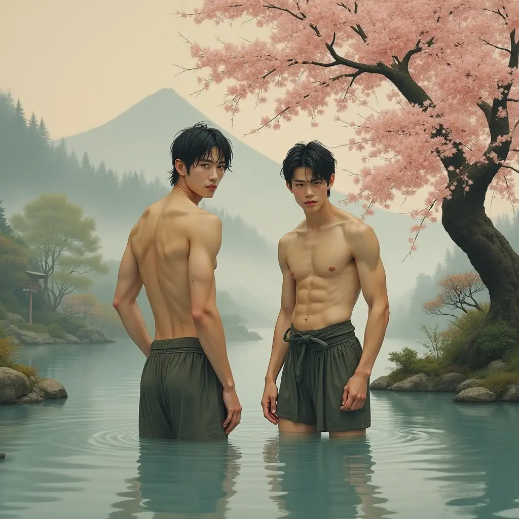 Epicurean Asian Youths Bathing in Medieval Japanese Garden