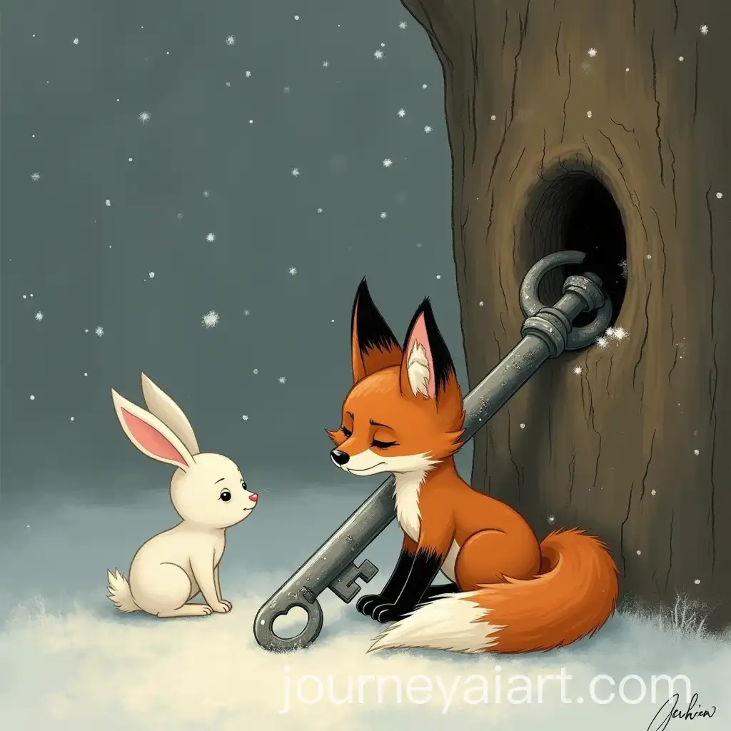 Ginger-Fox-and-White-Rabbit-in-Snowy-Forest-Trying-to-Unlock-a-Mysterious-Oak