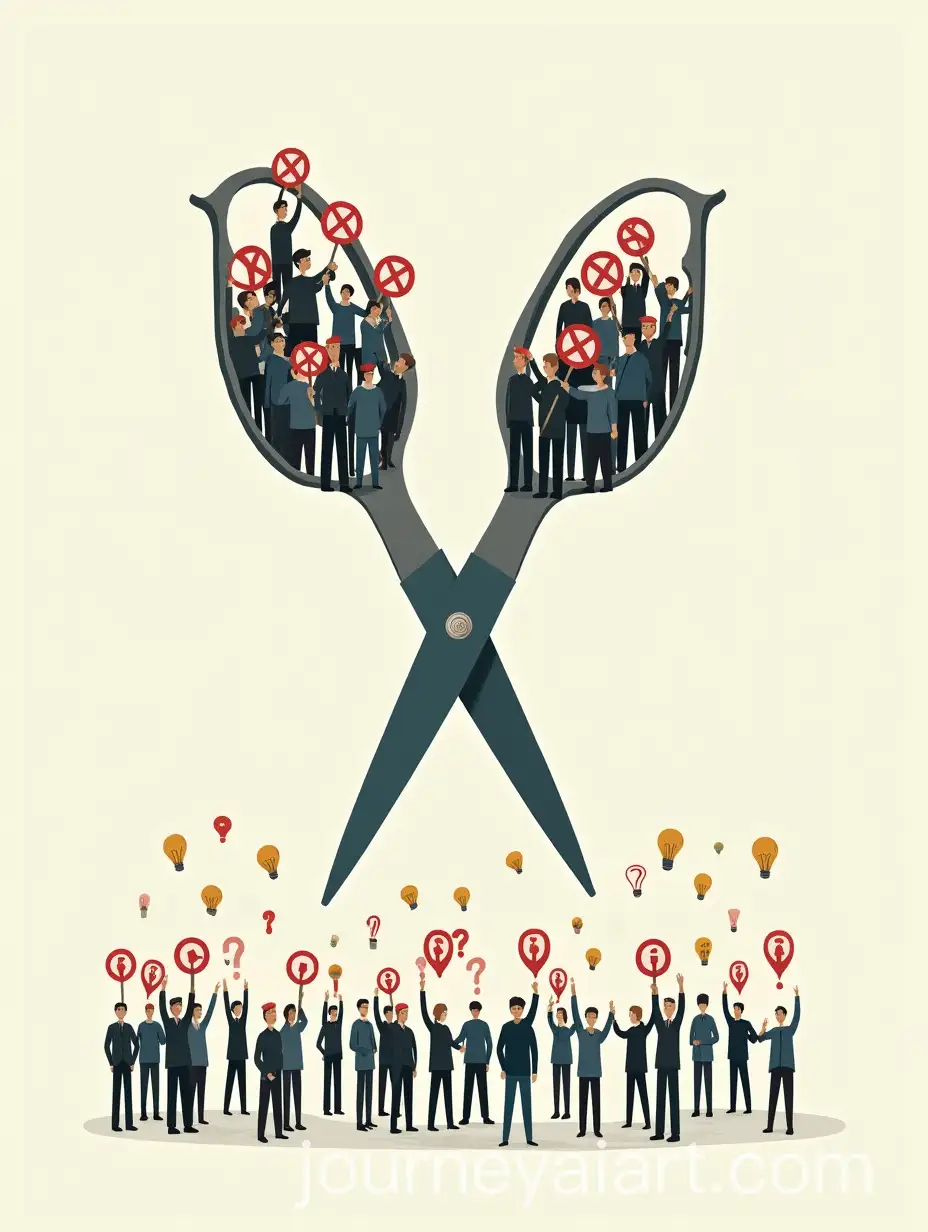 Group-Holding-Prohibition-Signs-and-Knowledge-Symbols-Around-Giant-Scissors